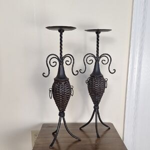 Wrought Iron And Brown Wicker Candle Holders Set Of 2